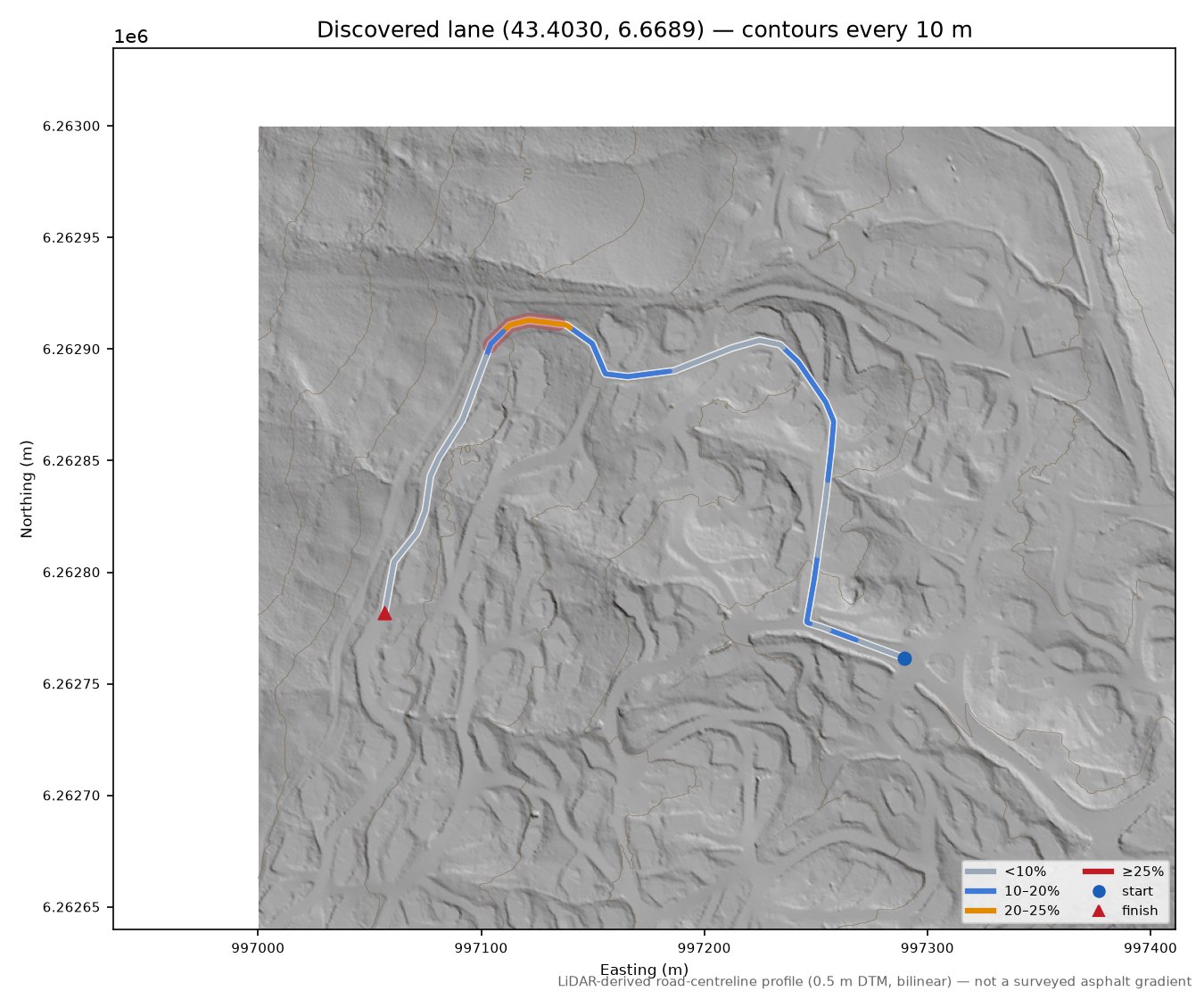 Discovered lane (43.4030, 6.6689) LiDAR hillshade map with contours