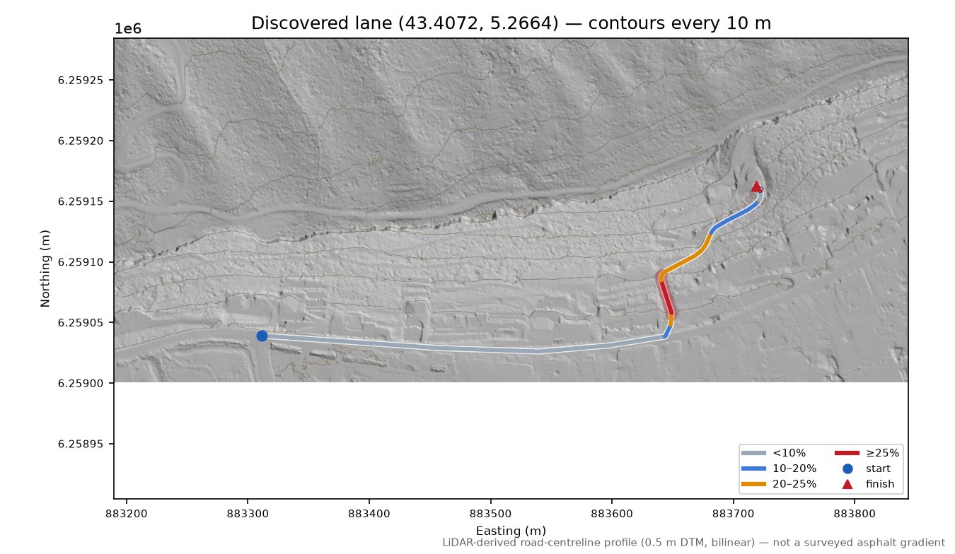 Discovered lane (43.4072, 5.2664) LiDAR hillshade map with contours
