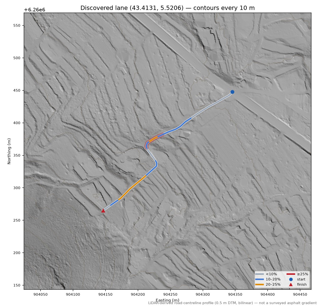 Discovered lane (43.4131, 5.5206) LiDAR hillshade map with contours