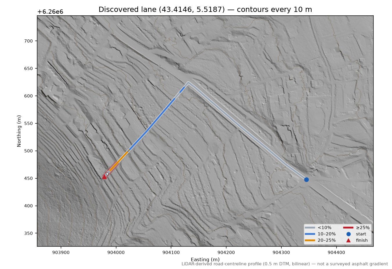 Discovered lane (43.4146, 5.5187) LiDAR hillshade map with contours