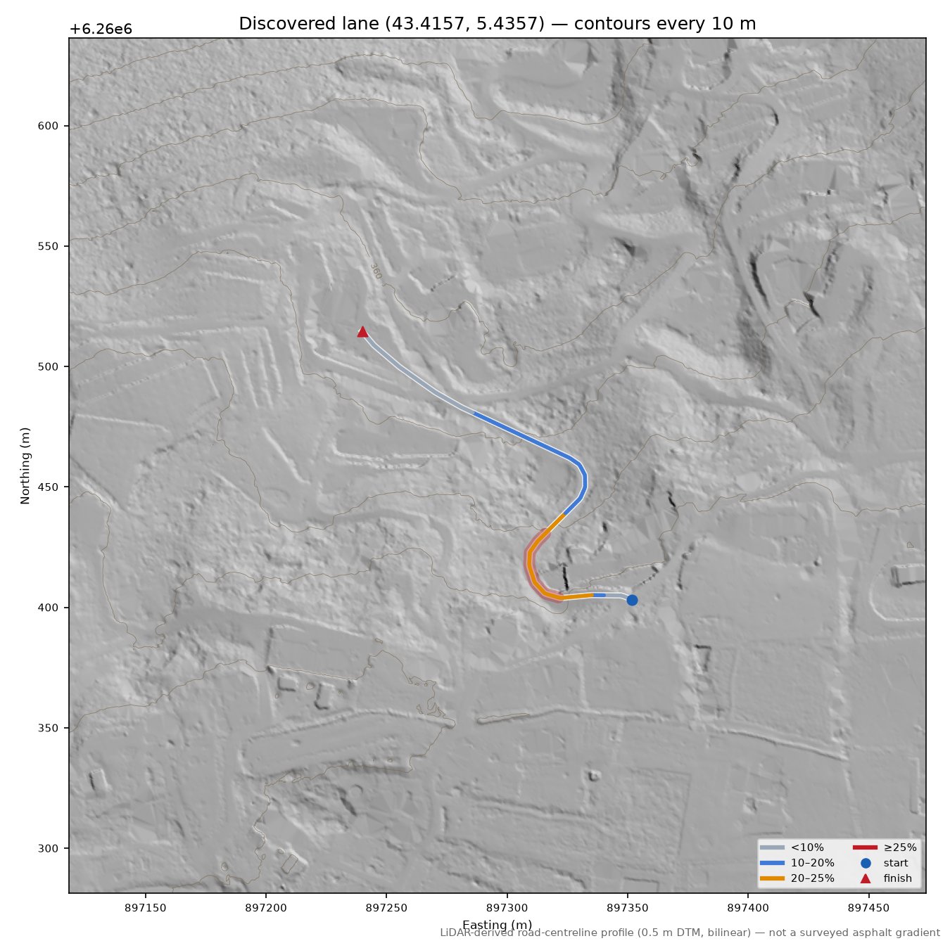 Discovered lane (43.4157, 5.4357) LiDAR hillshade map with contours