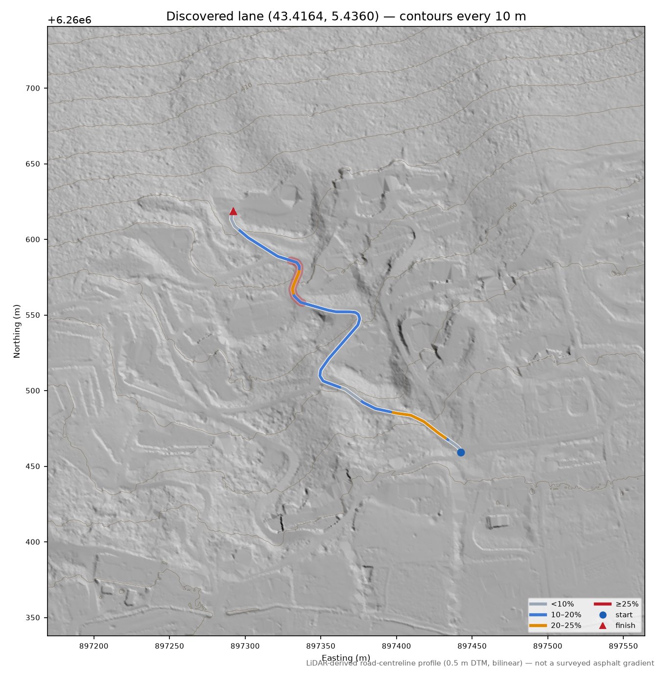 Discovered lane (43.4164, 5.4360) LiDAR hillshade map with contours