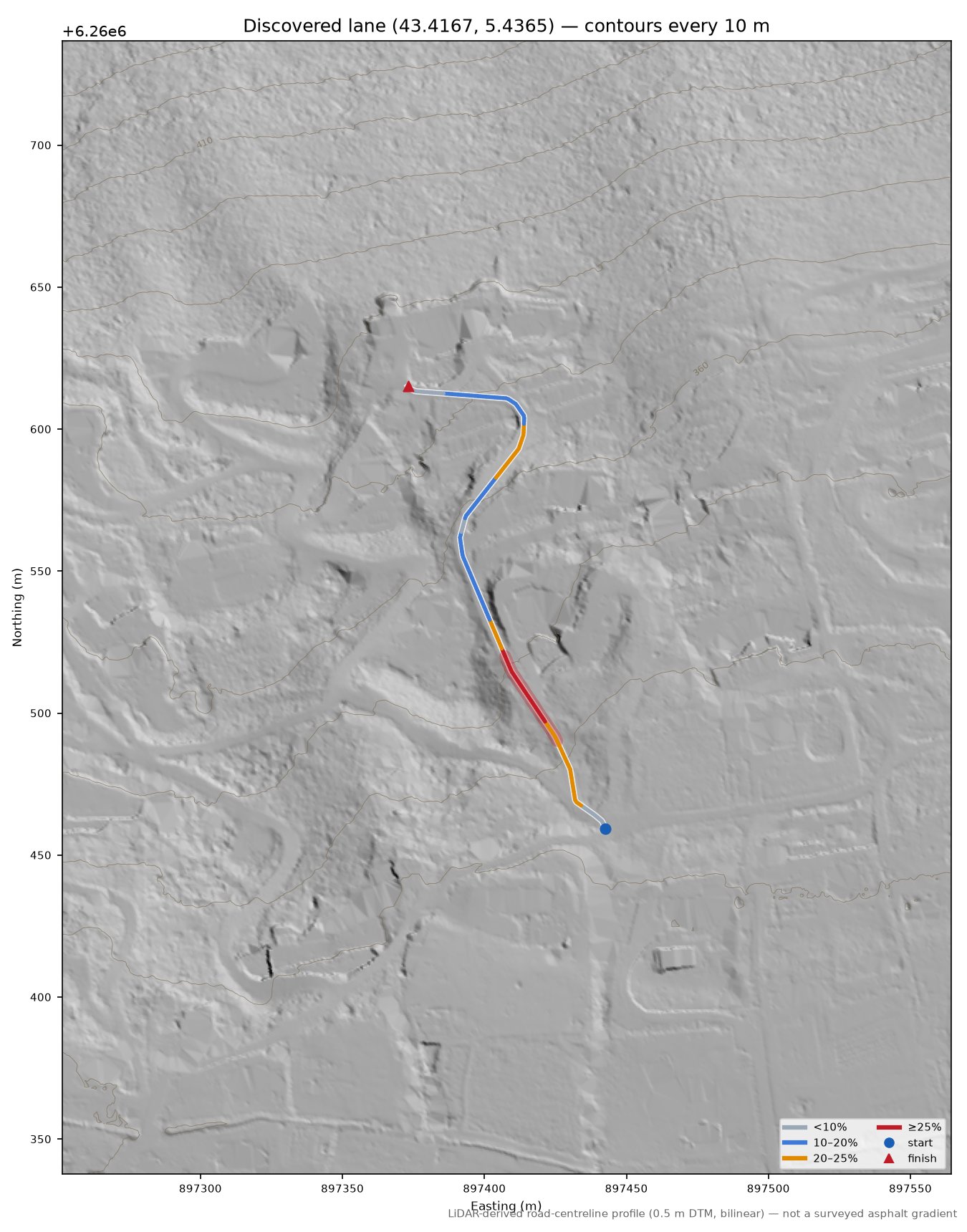 Discovered lane (43.4167, 5.4365) LiDAR hillshade map with contours