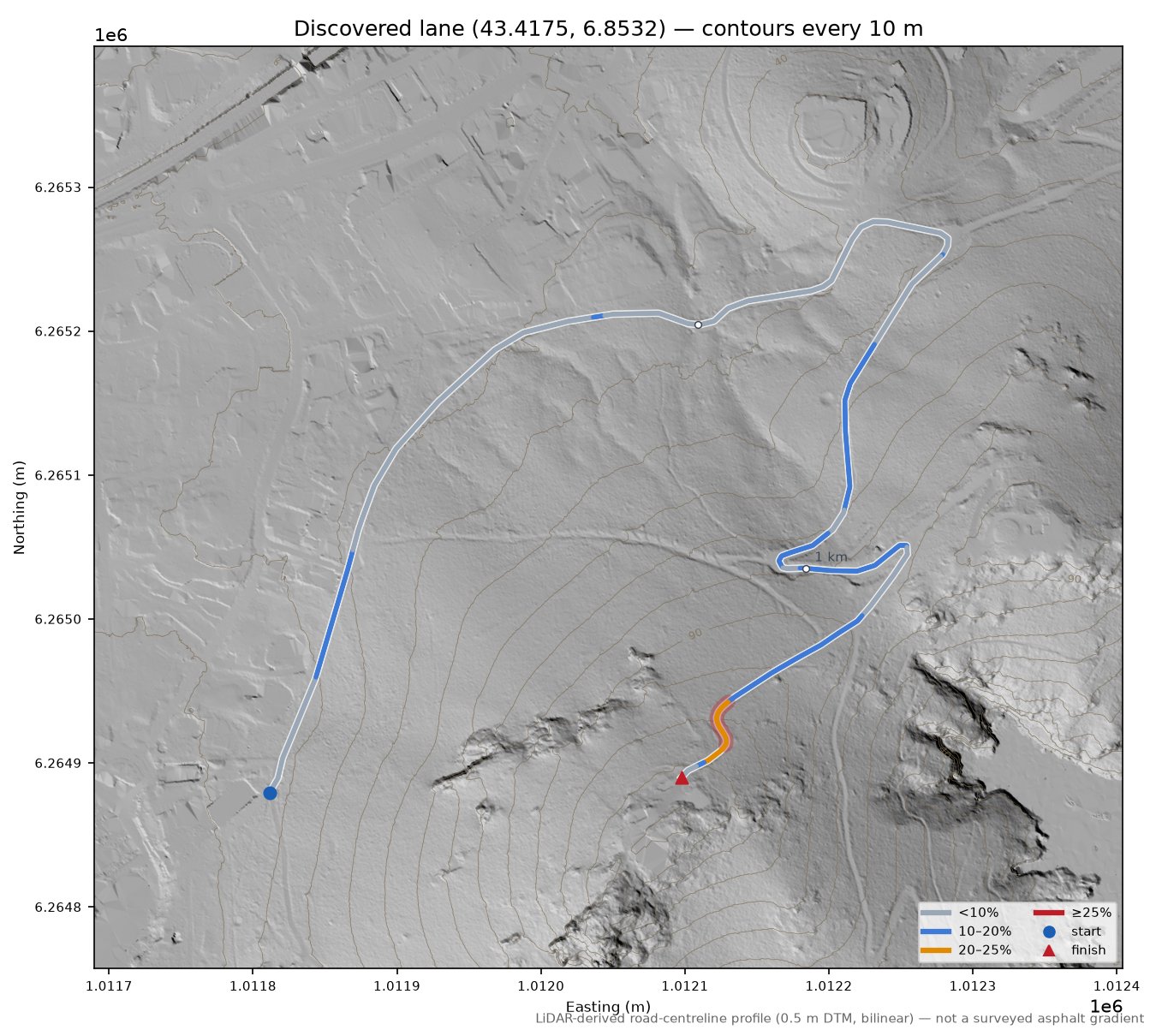 Discovered lane (43.4175, 6.8532) LiDAR hillshade map with contours