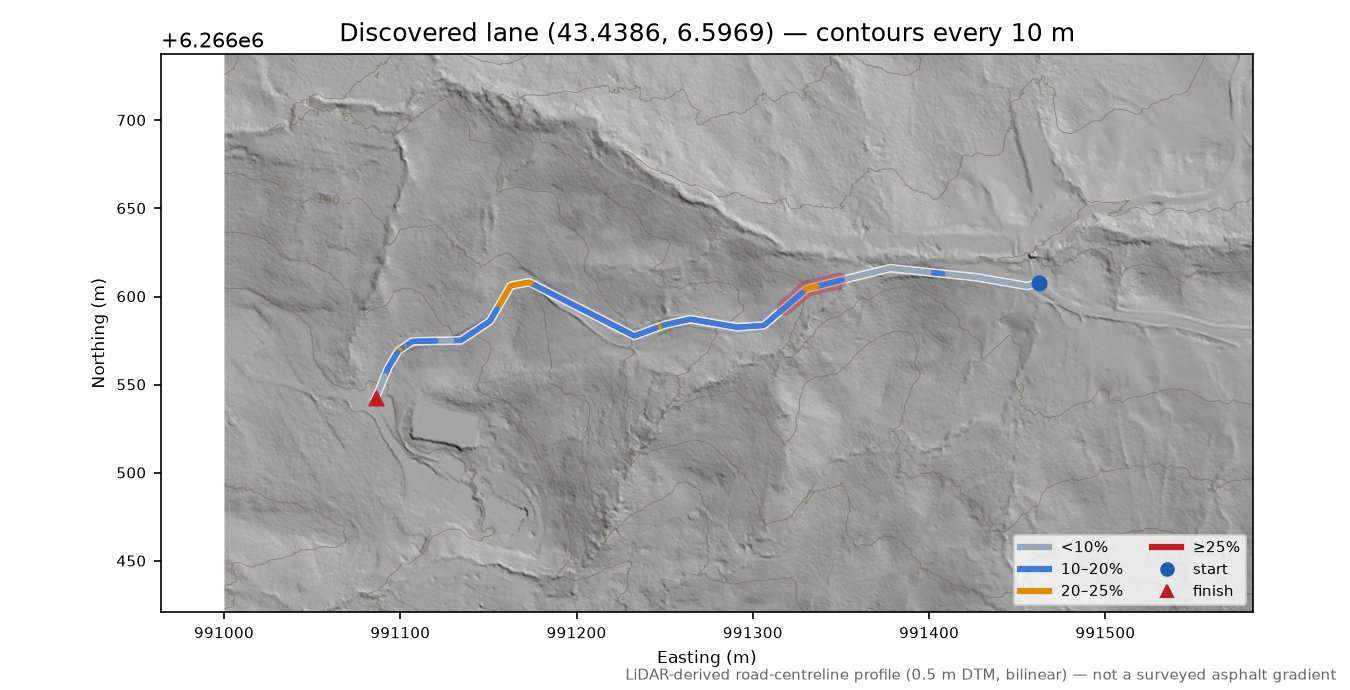 Discovered lane (43.4386, 6.5969) LiDAR hillshade map with contours