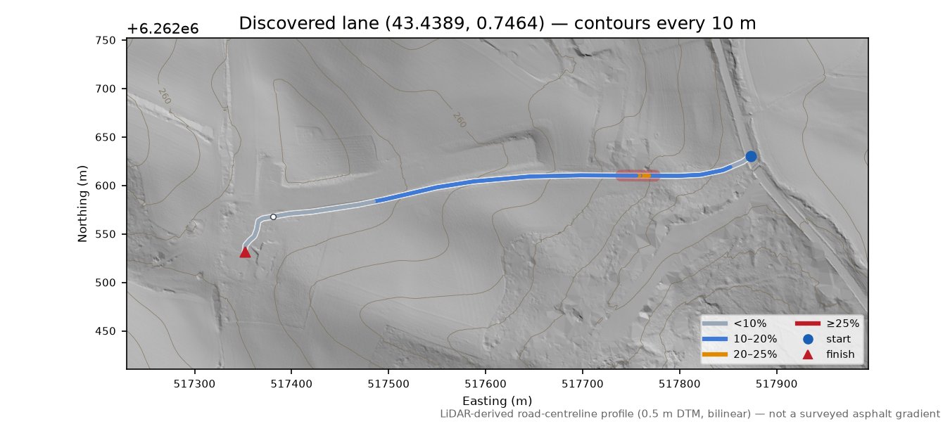 Discovered lane (43.4389, 0.7464) LiDAR hillshade map with contours