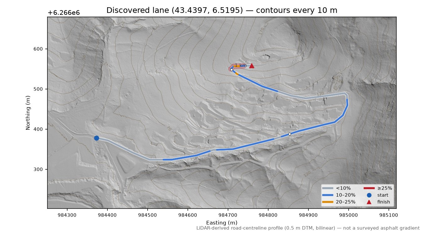 Discovered lane (43.4397, 6.5195) LiDAR hillshade map with contours