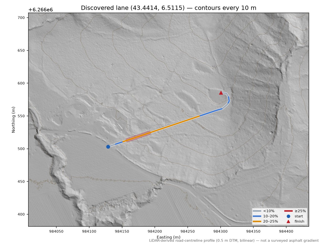 Discovered lane (43.4414, 6.5115) LiDAR hillshade map with contours