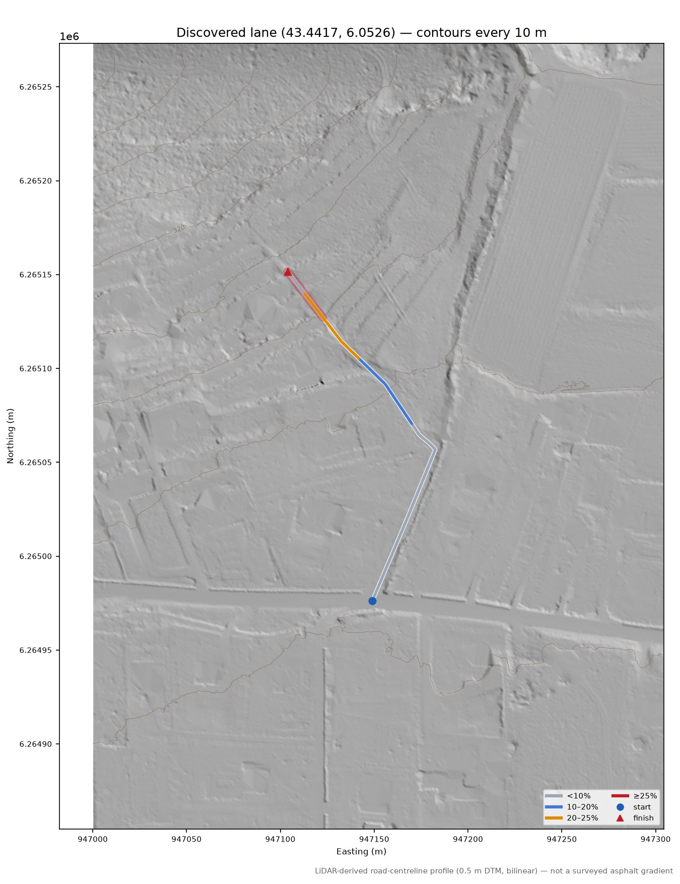 Discovered lane (43.4417, 6.0526) LiDAR hillshade map with contours