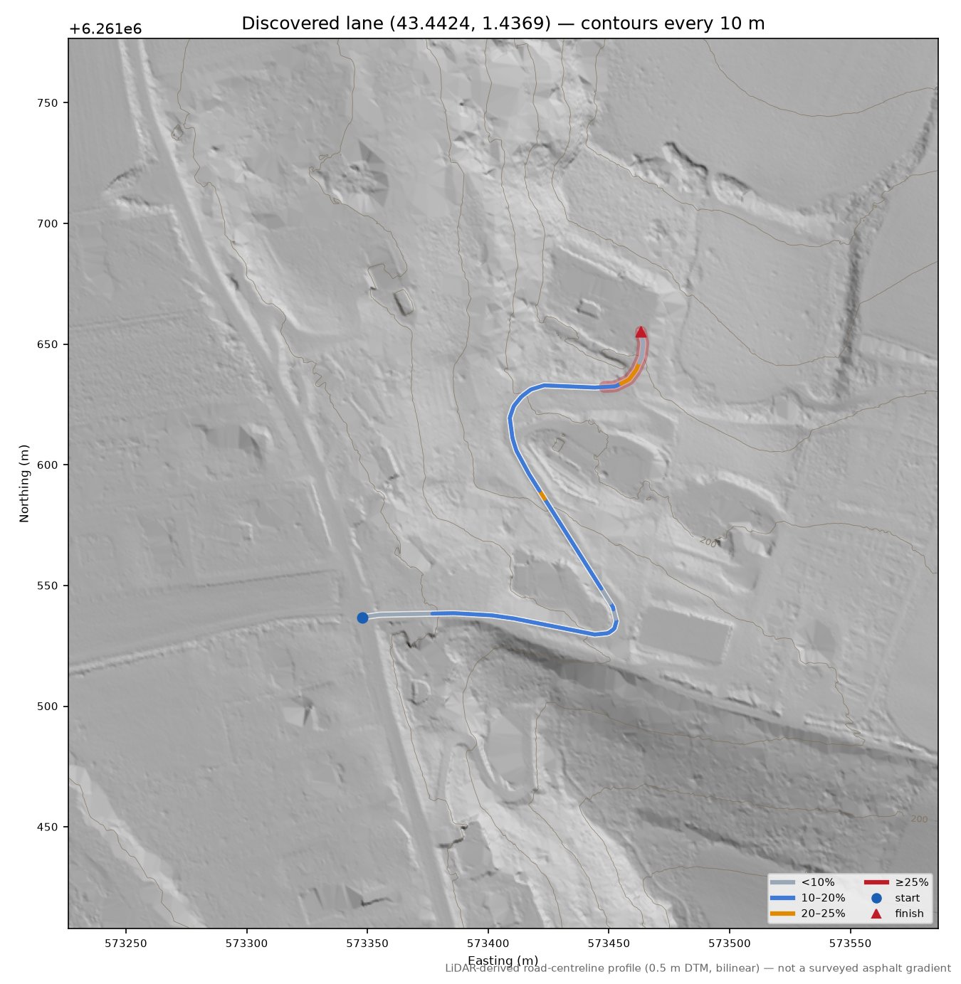 Discovered lane (43.4424, 1.4369) LiDAR hillshade map with contours
