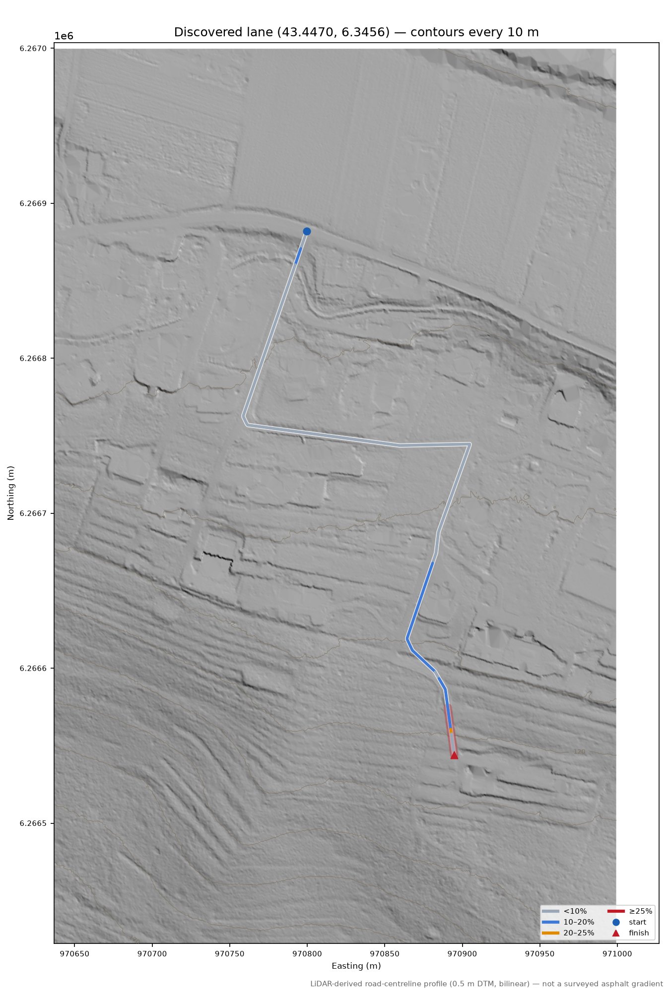 Discovered lane (43.4470, 6.3456) LiDAR hillshade map with contours
