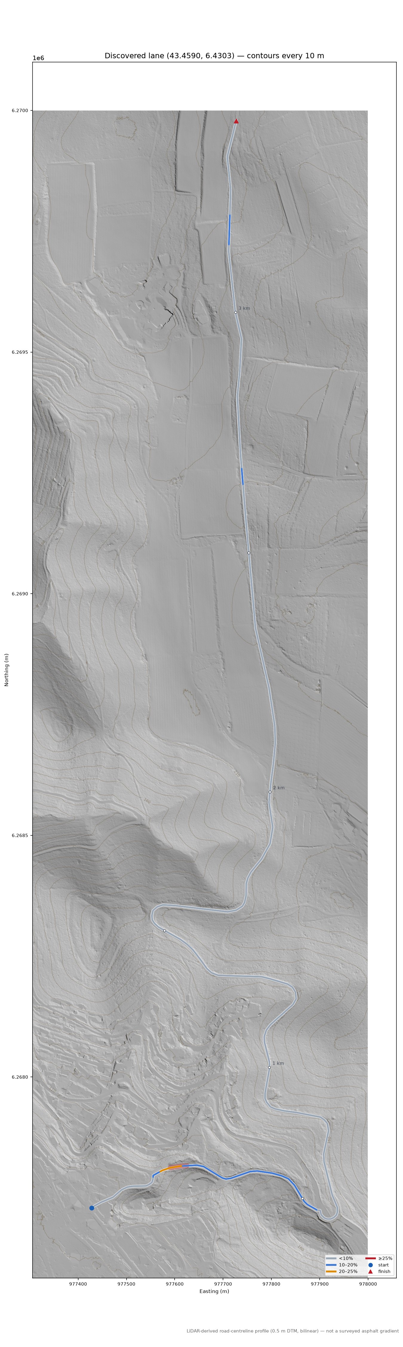 Discovered lane (43.4590, 6.4303) LiDAR hillshade map with contours