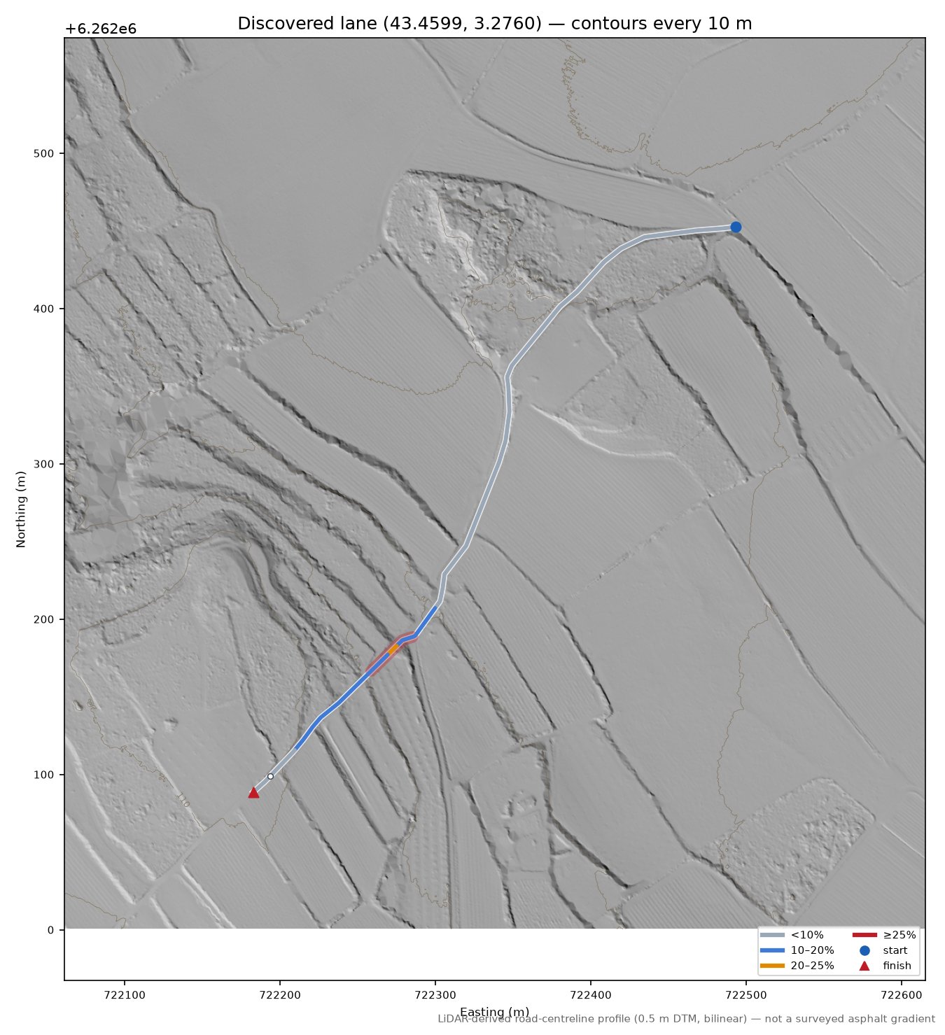 Discovered lane (43.4599, 3.2760) LiDAR hillshade map with contours