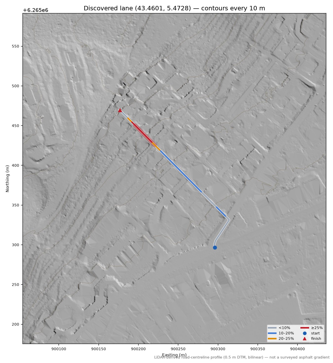 Discovered lane (43.4601, 5.4728) LiDAR hillshade map with contours