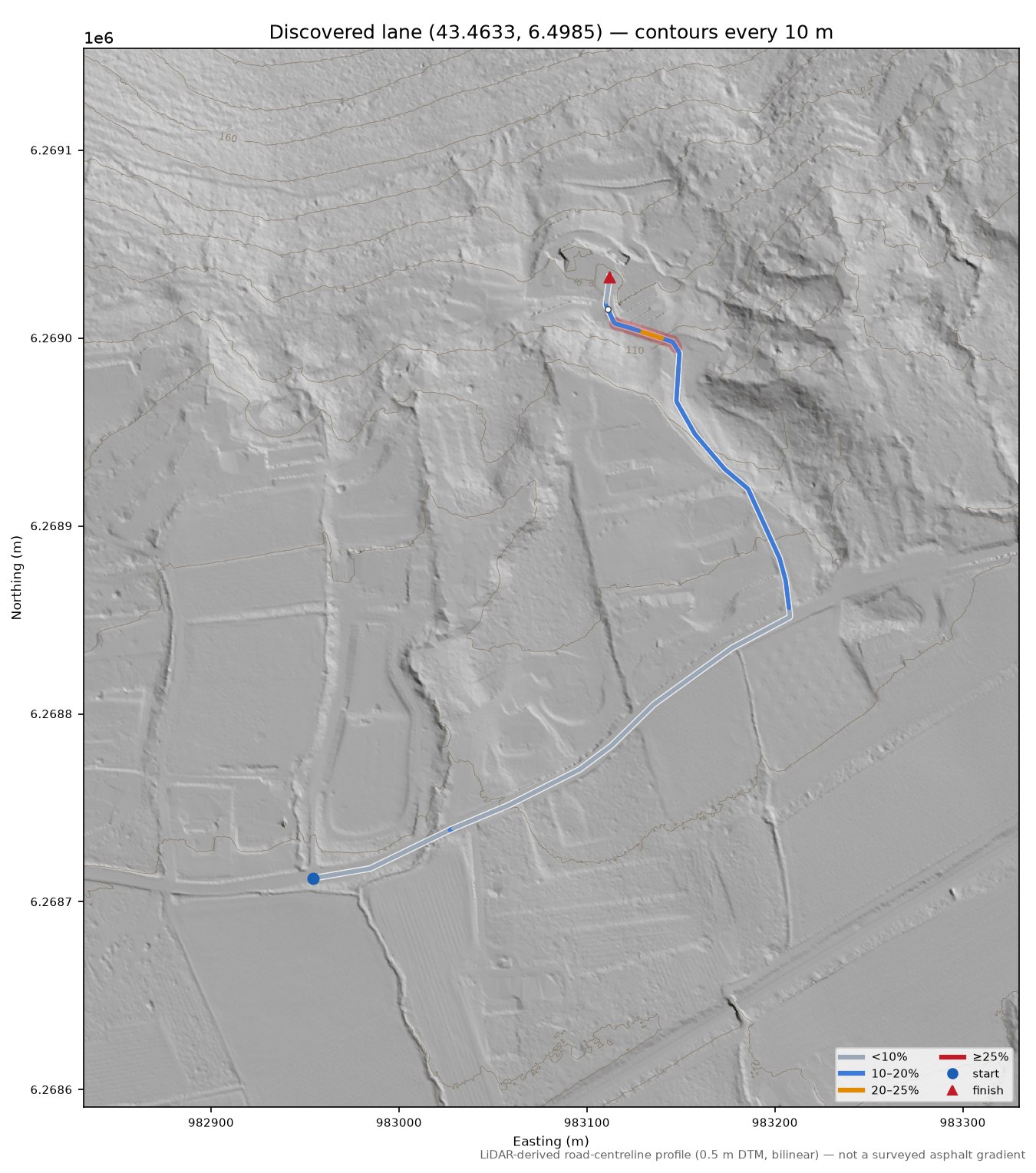Discovered lane (43.4633, 6.4985) LiDAR hillshade map with contours