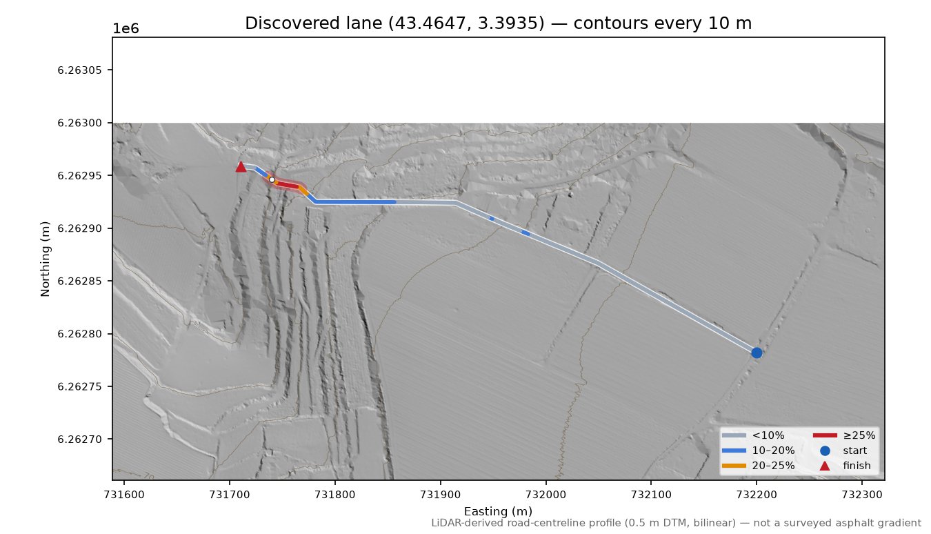 Discovered lane (43.4647, 3.3935) LiDAR hillshade map with contours