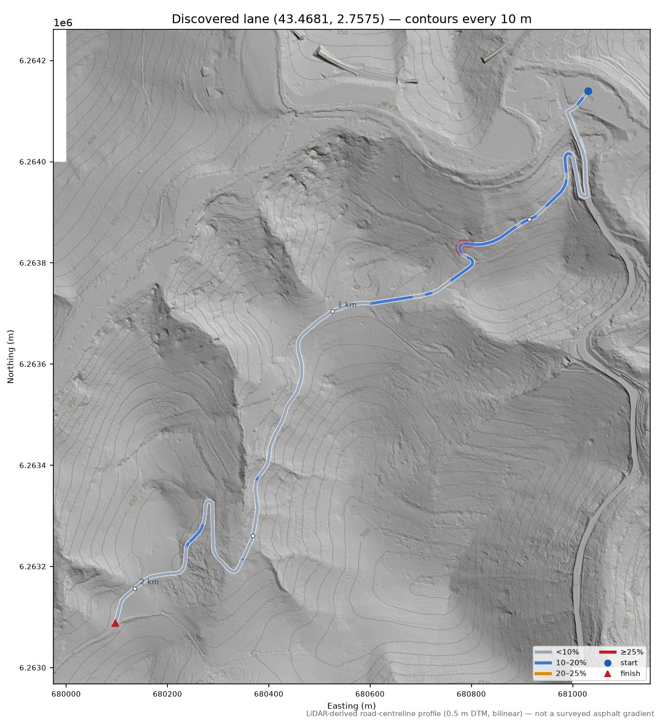 Discovered lane (43.4681, 2.7575) LiDAR hillshade map with contours