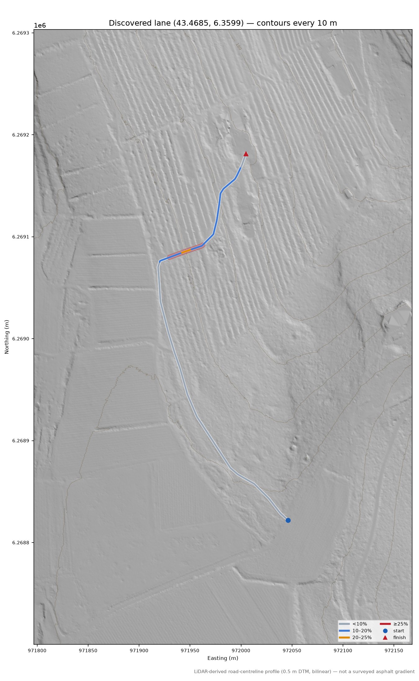 Discovered lane (43.4685, 6.3599) LiDAR hillshade map with contours