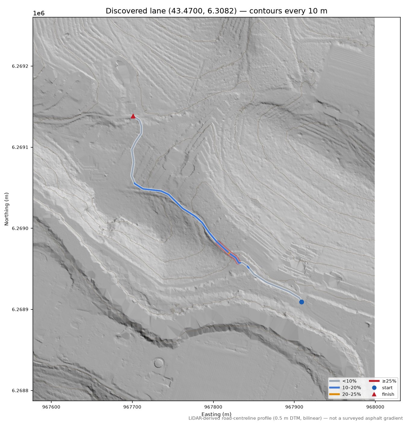 Discovered lane (43.4700, 6.3082) LiDAR hillshade map with contours