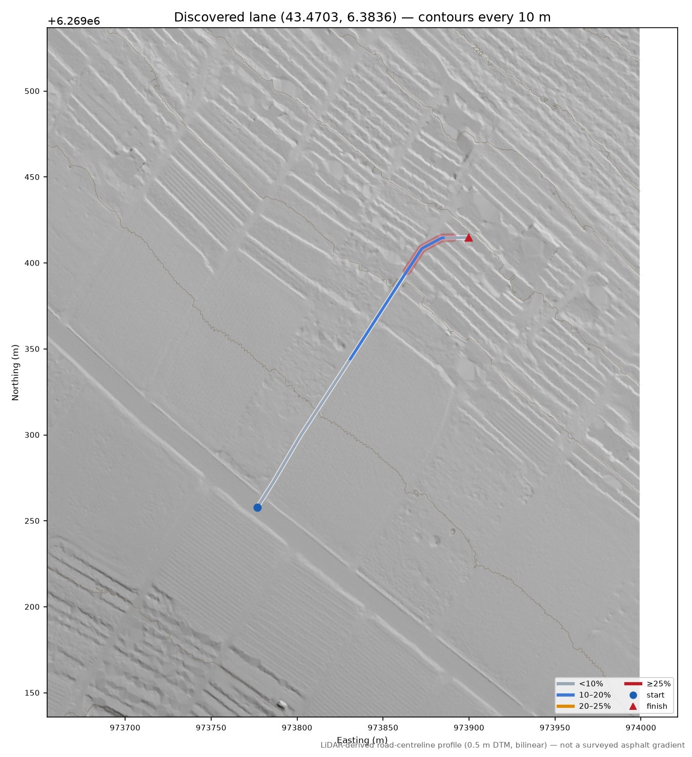 Discovered lane (43.4703, 6.3836) LiDAR hillshade map with contours