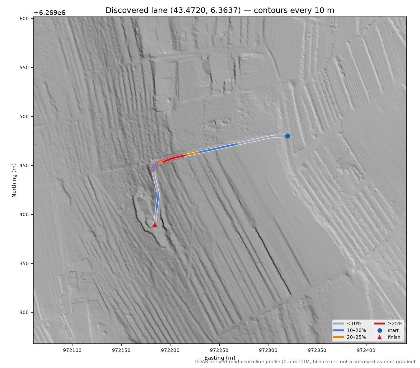 Discovered lane (43.4720, 6.3637) LiDAR hillshade map with contours