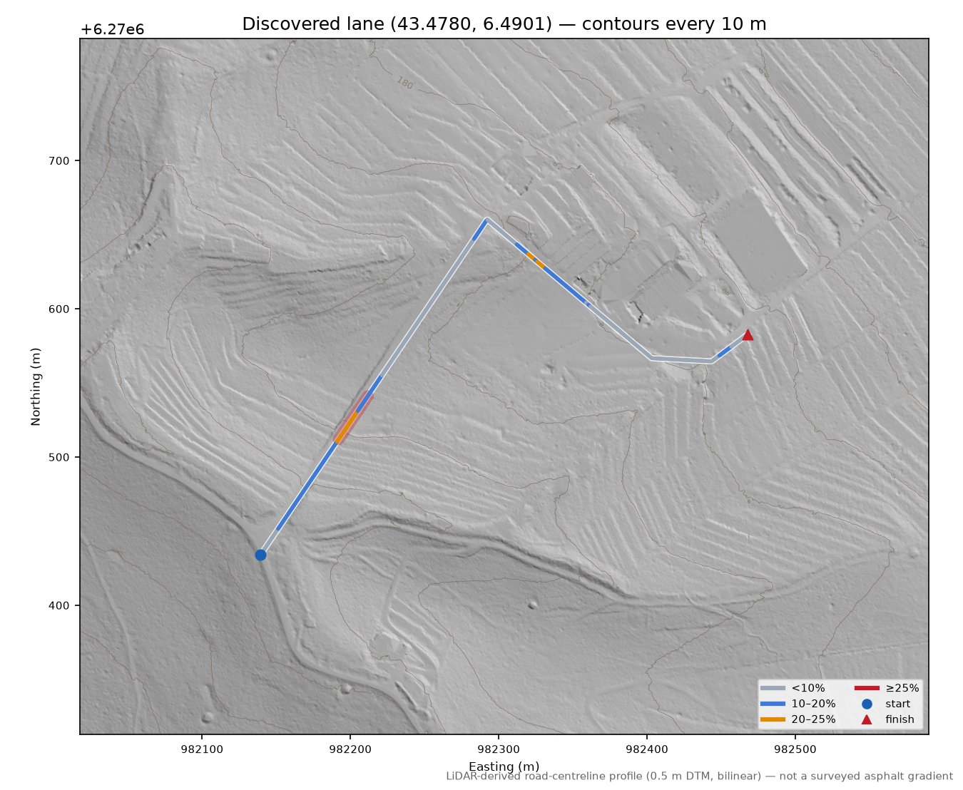 Discovered lane (43.4780, 6.4901) LiDAR hillshade map with contours