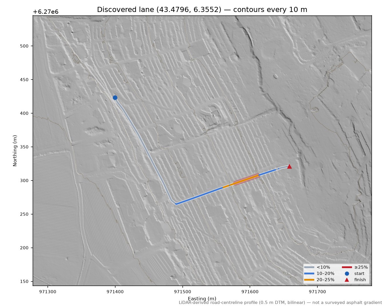 Discovered lane (43.4796, 6.3552) LiDAR hillshade map with contours