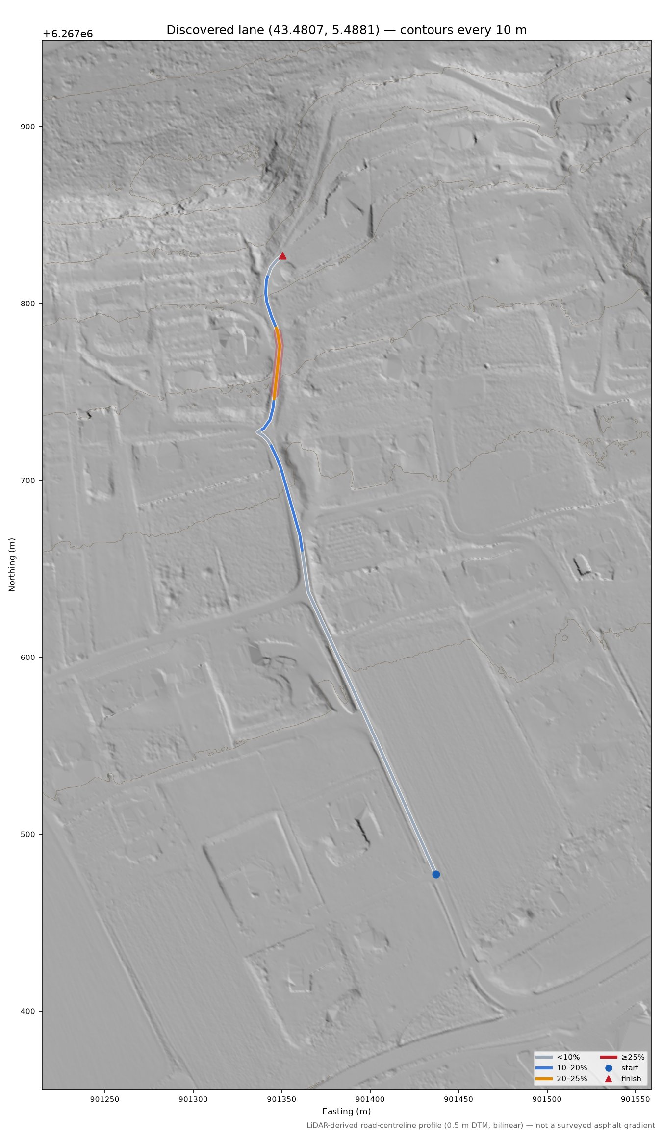 Discovered lane (43.4807, 5.4881) LiDAR hillshade map with contours