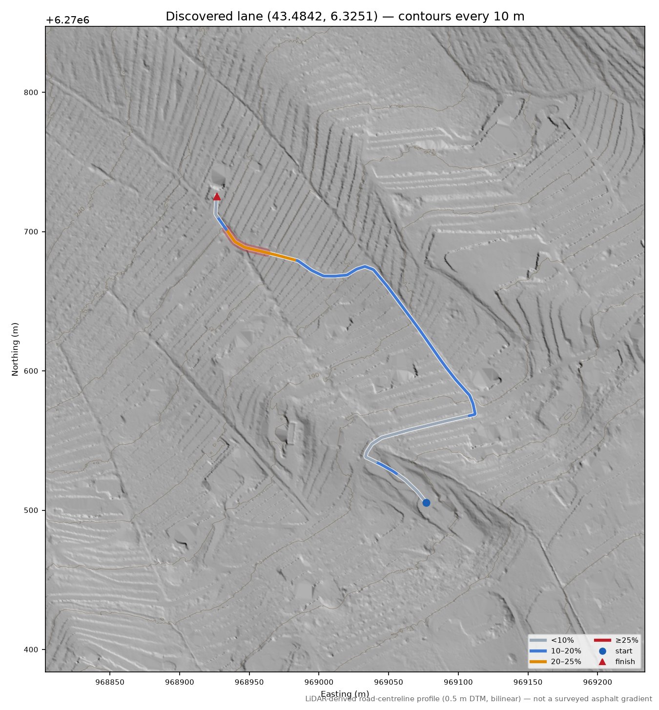 Discovered lane (43.4842, 6.3251) LiDAR hillshade map with contours
