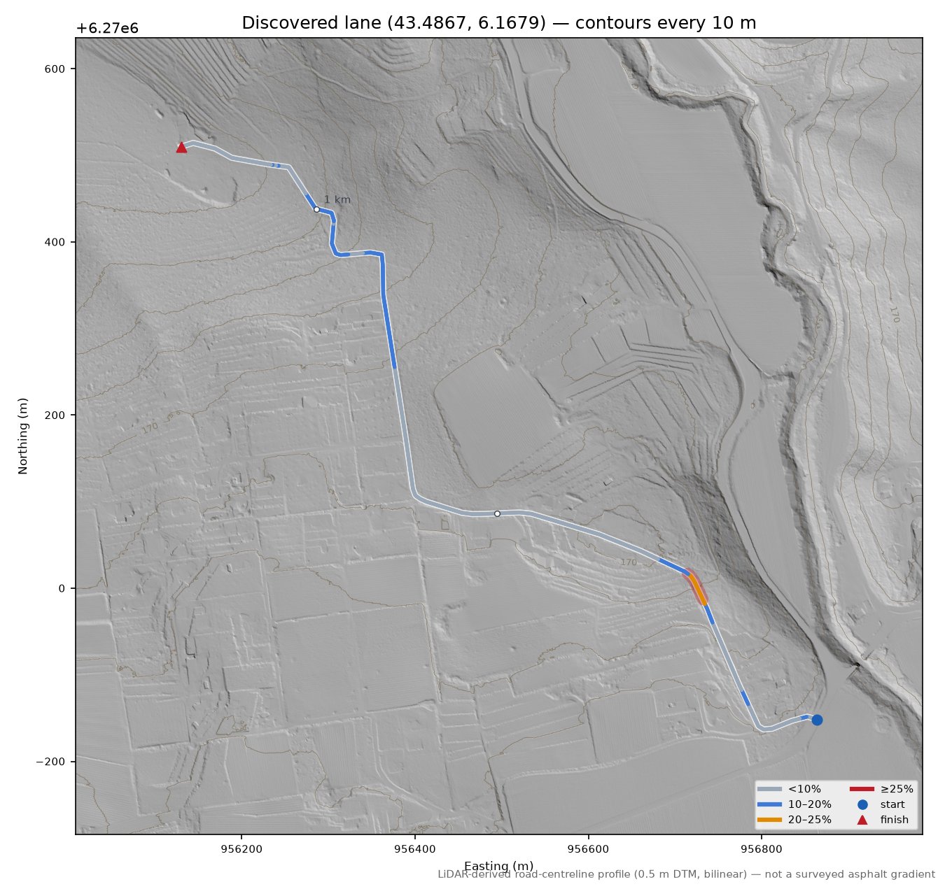 Discovered lane (43.4867, 6.1679) LiDAR hillshade map with contours