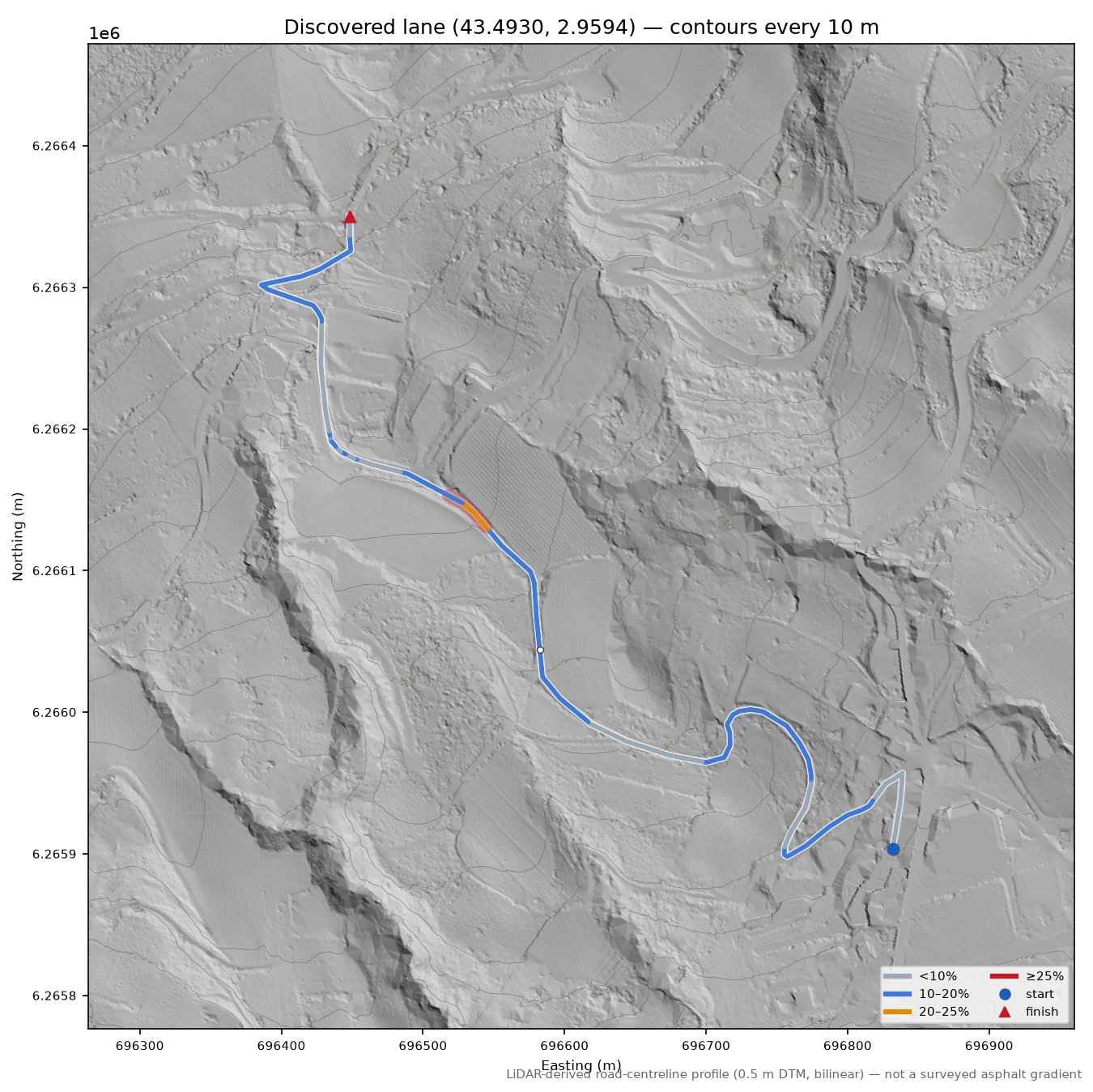 Discovered lane (43.4930, 2.9594) LiDAR hillshade map with contours