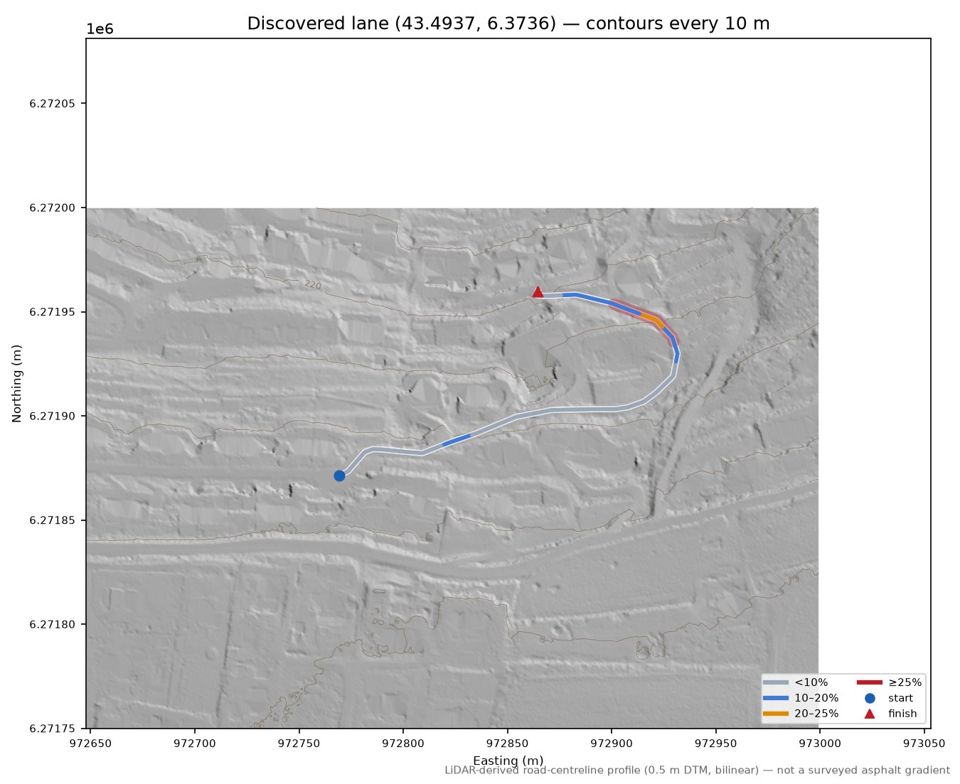 Discovered lane (43.4937, 6.3736) LiDAR hillshade map with contours