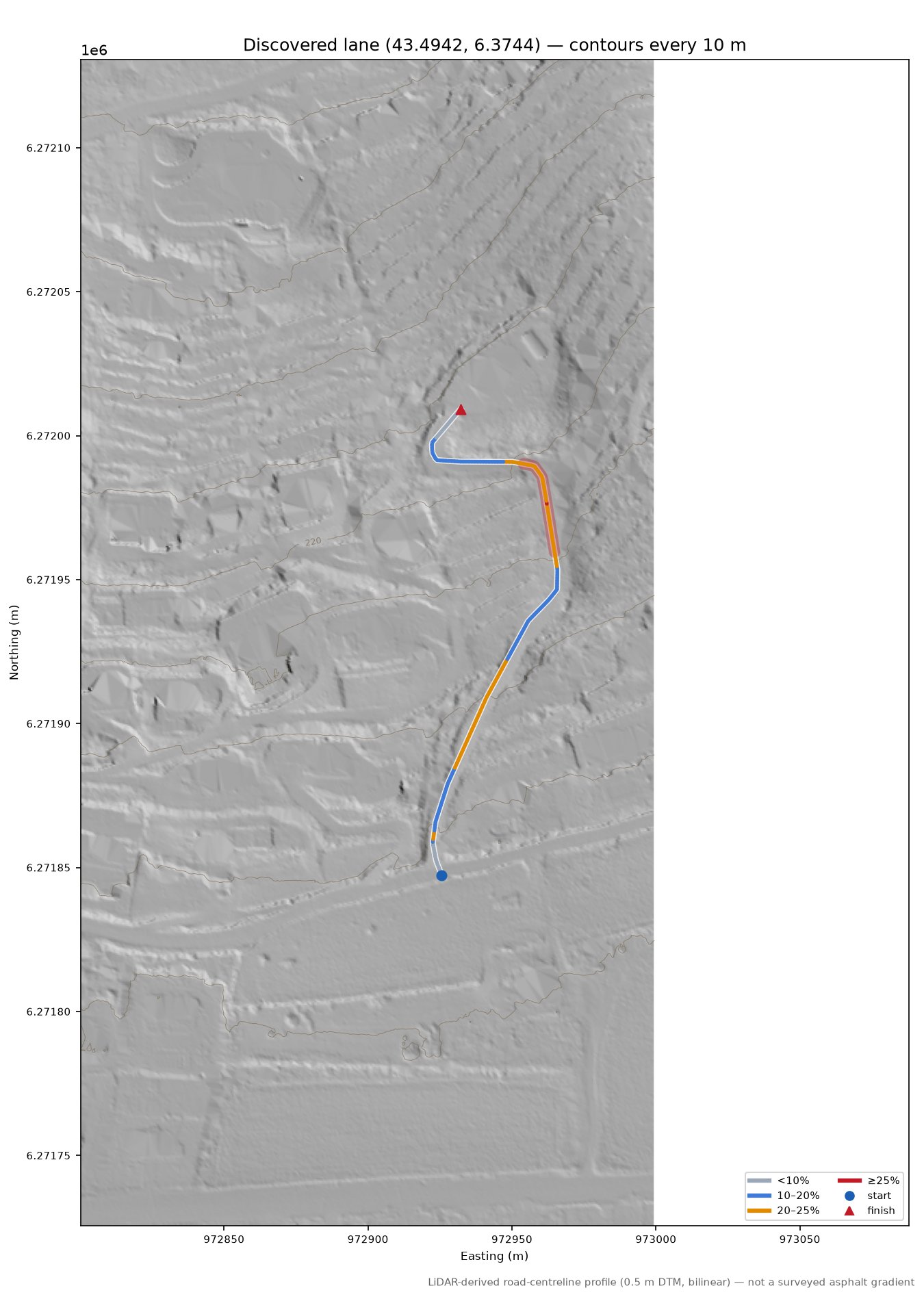 Discovered lane (43.4942, 6.3744) LiDAR hillshade map with contours