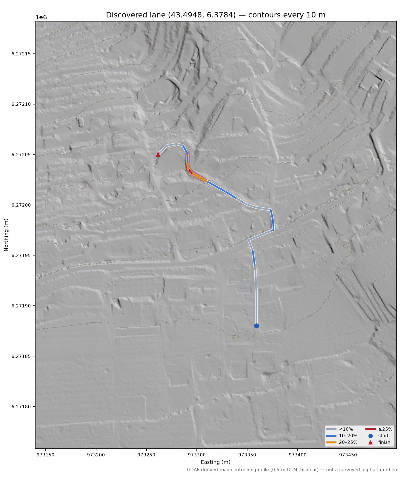 Discovered lane (43.4948, 6.3784) LiDAR hillshade map with contours