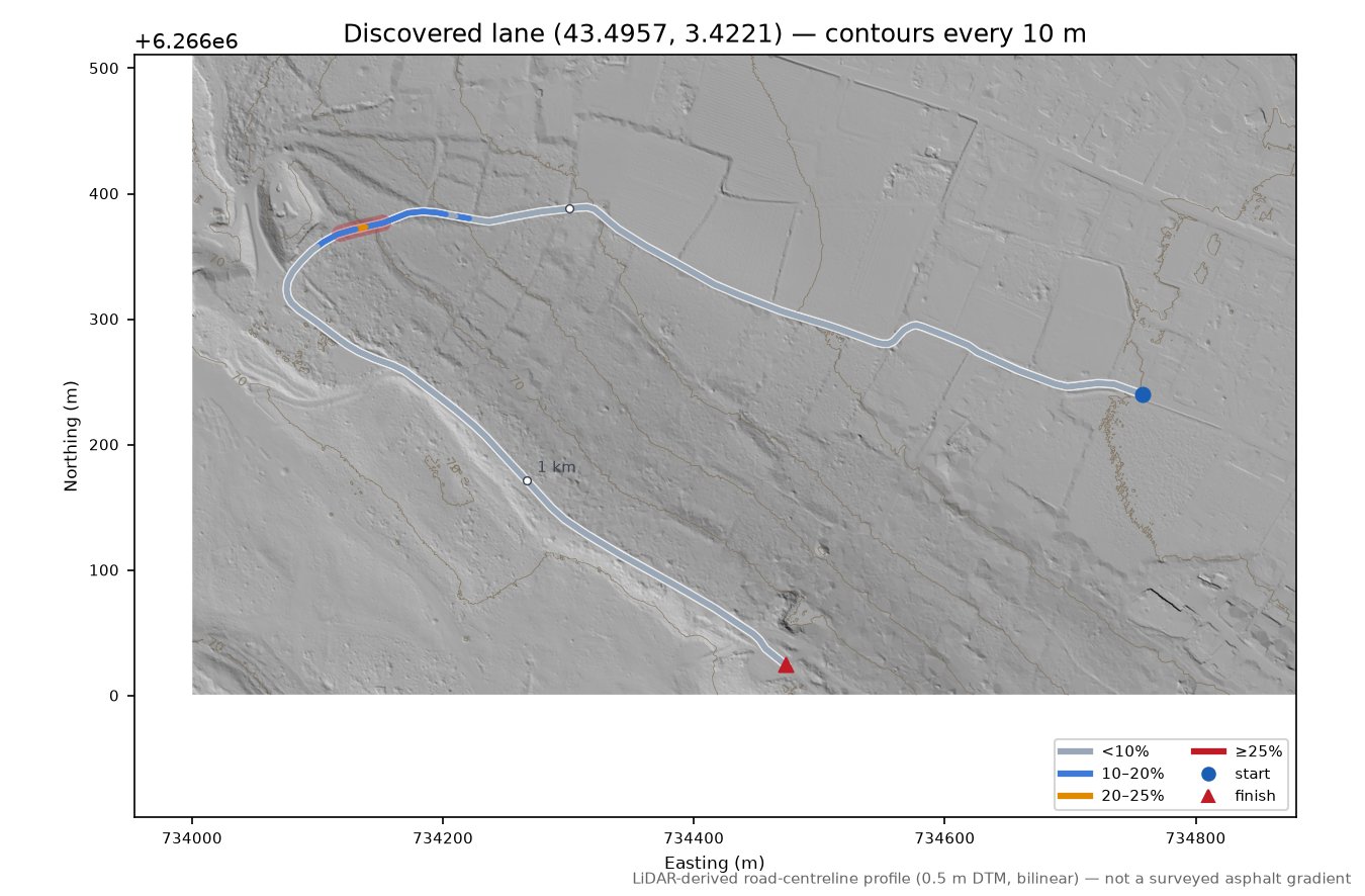 Discovered lane (43.4957, 3.4221) LiDAR hillshade map with contours