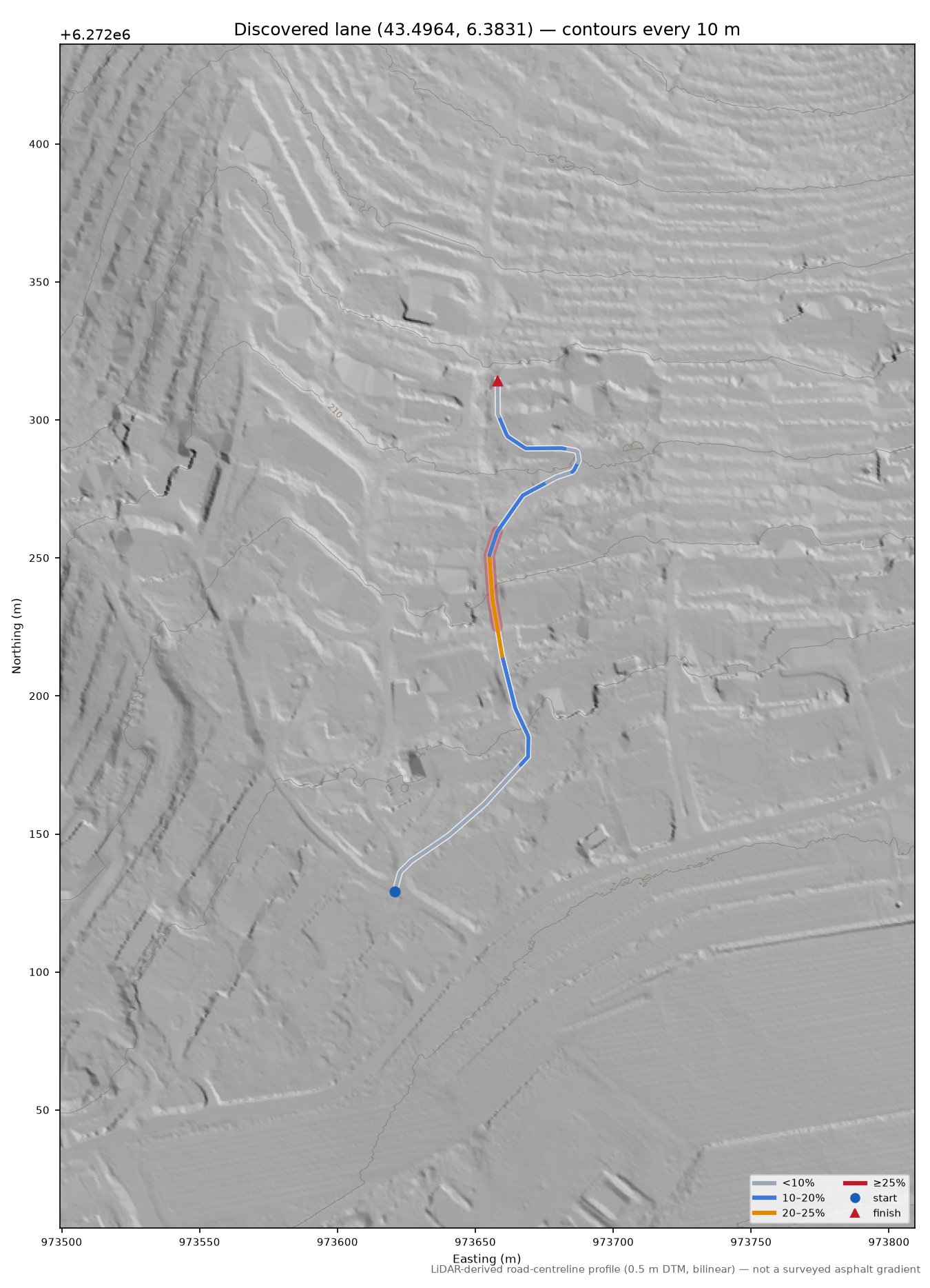 Discovered lane (43.4964, 6.3831) LiDAR hillshade map with contours