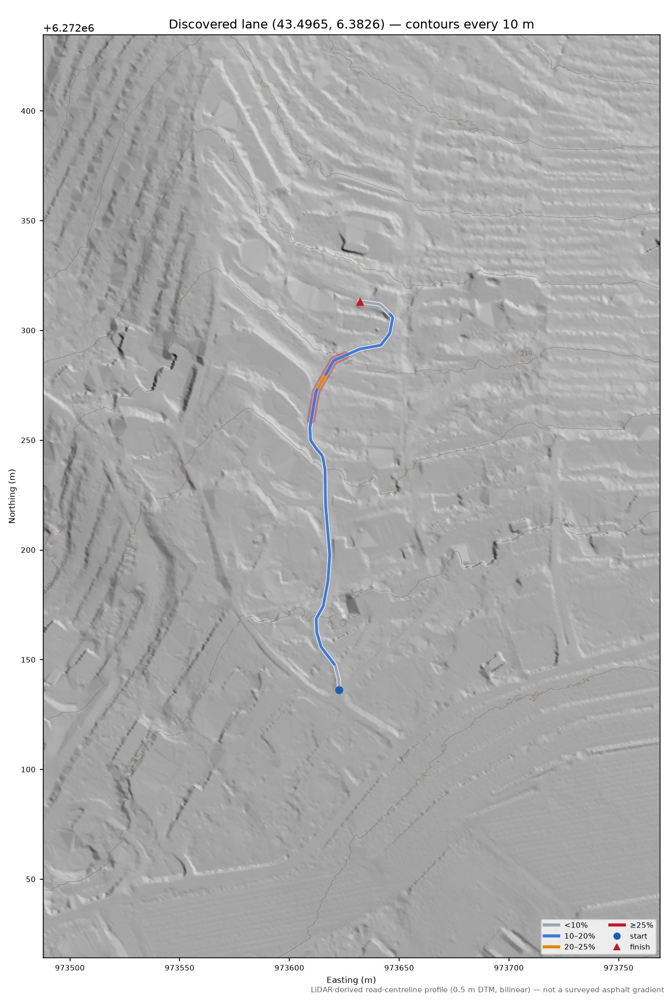 Discovered lane (43.4965, 6.3826) LiDAR hillshade map with contours
