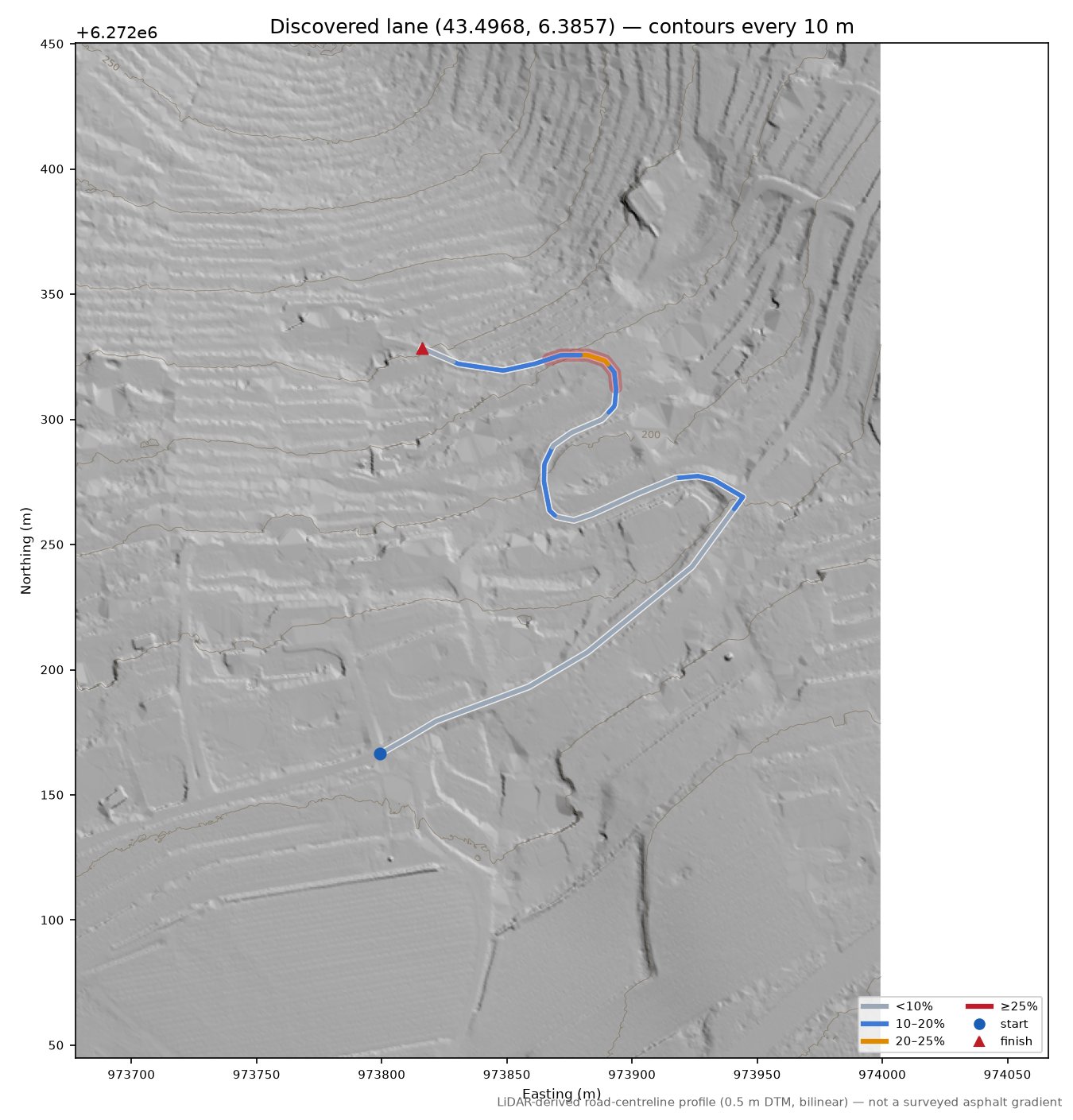 Discovered lane (43.4968, 6.3857) LiDAR hillshade map with contours