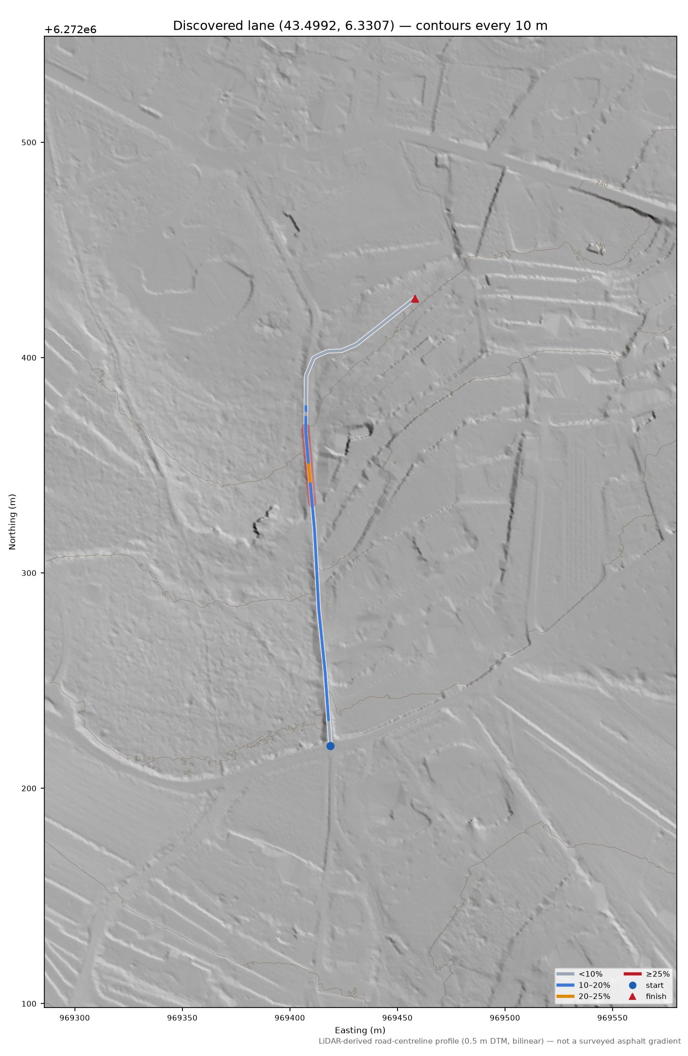 Discovered lane (43.4992, 6.3307) LiDAR hillshade map with contours