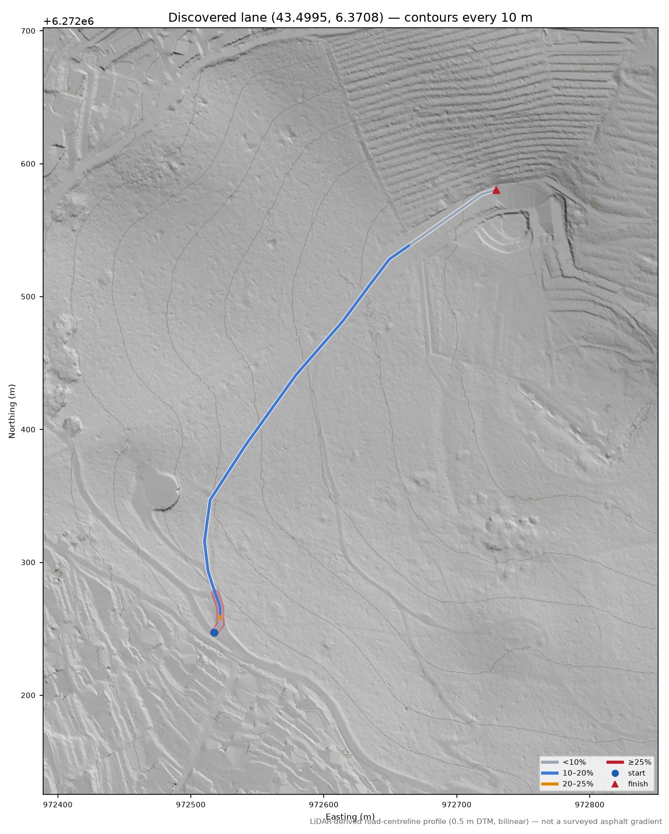 Discovered lane (43.4995, 6.3708) LiDAR hillshade map with contours