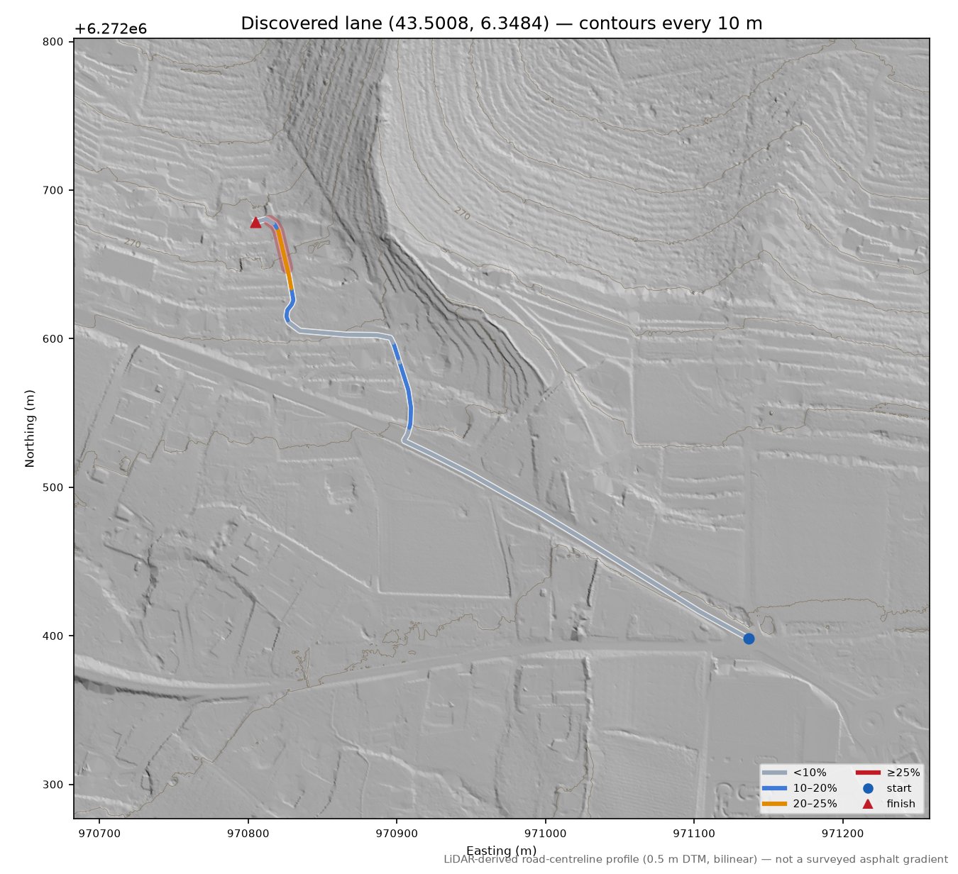 Discovered lane (43.5008, 6.3484) LiDAR hillshade map with contours