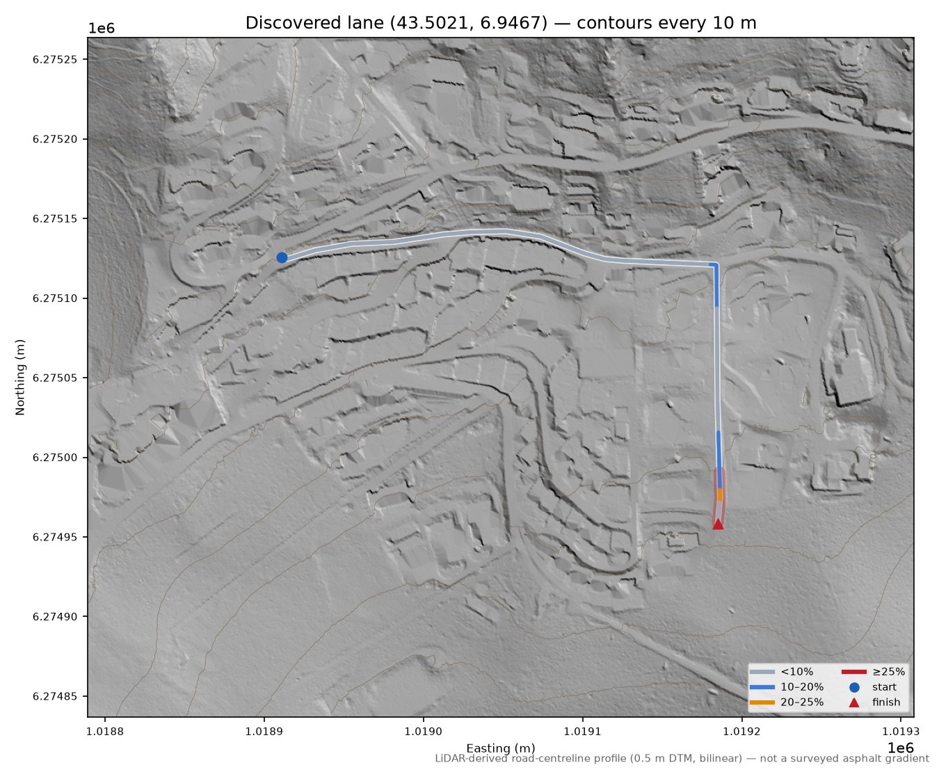 Discovered lane (43.5021, 6.9467) LiDAR hillshade map with contours