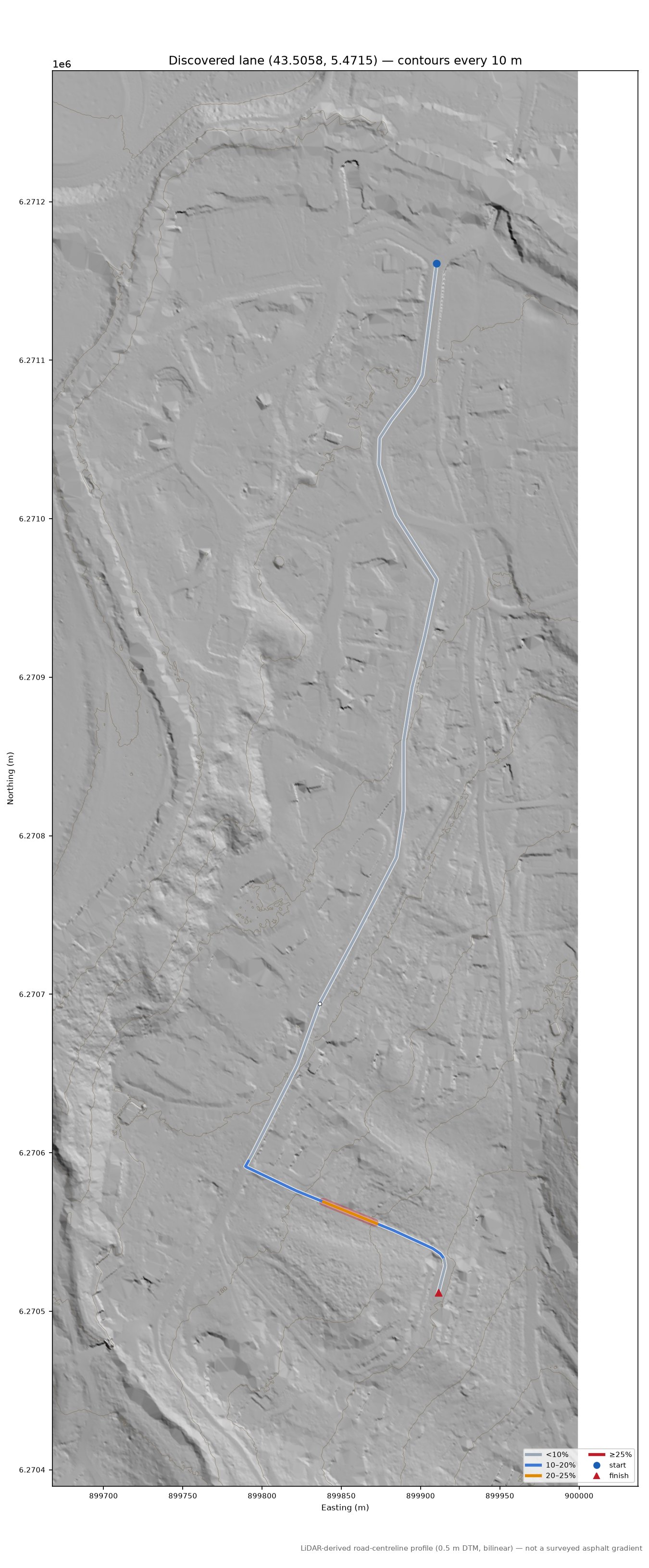 Discovered lane (43.5058, 5.4715) LiDAR hillshade map with contours