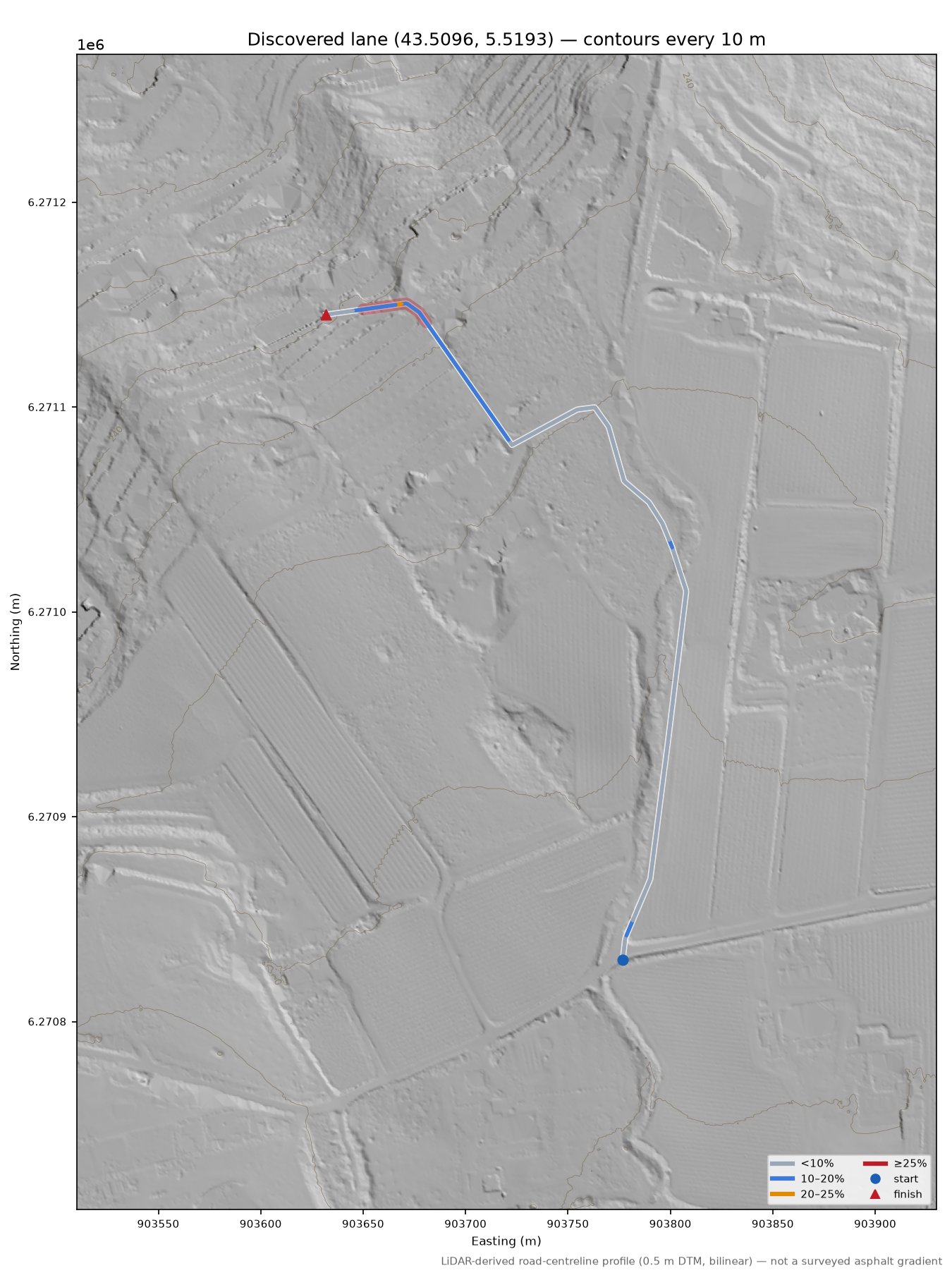 Discovered lane (43.5096, 5.5193) LiDAR hillshade map with contours