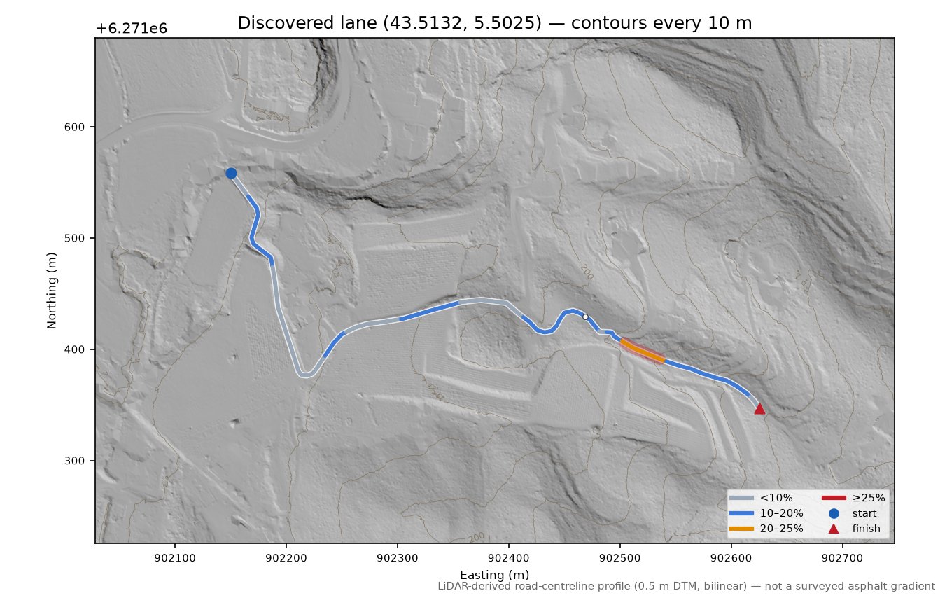 Discovered lane (43.5132, 5.5025) LiDAR hillshade map with contours