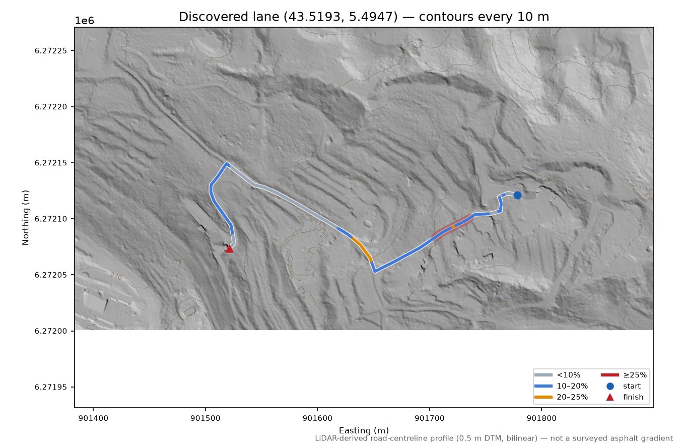 Discovered lane (43.5193, 5.4947) LiDAR hillshade map with contours