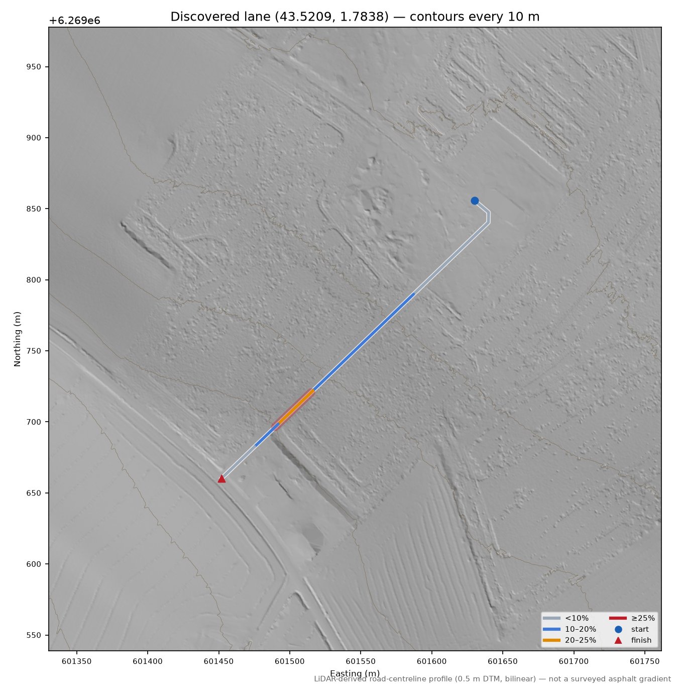 Discovered lane (43.5209, 1.7838) LiDAR hillshade map with contours