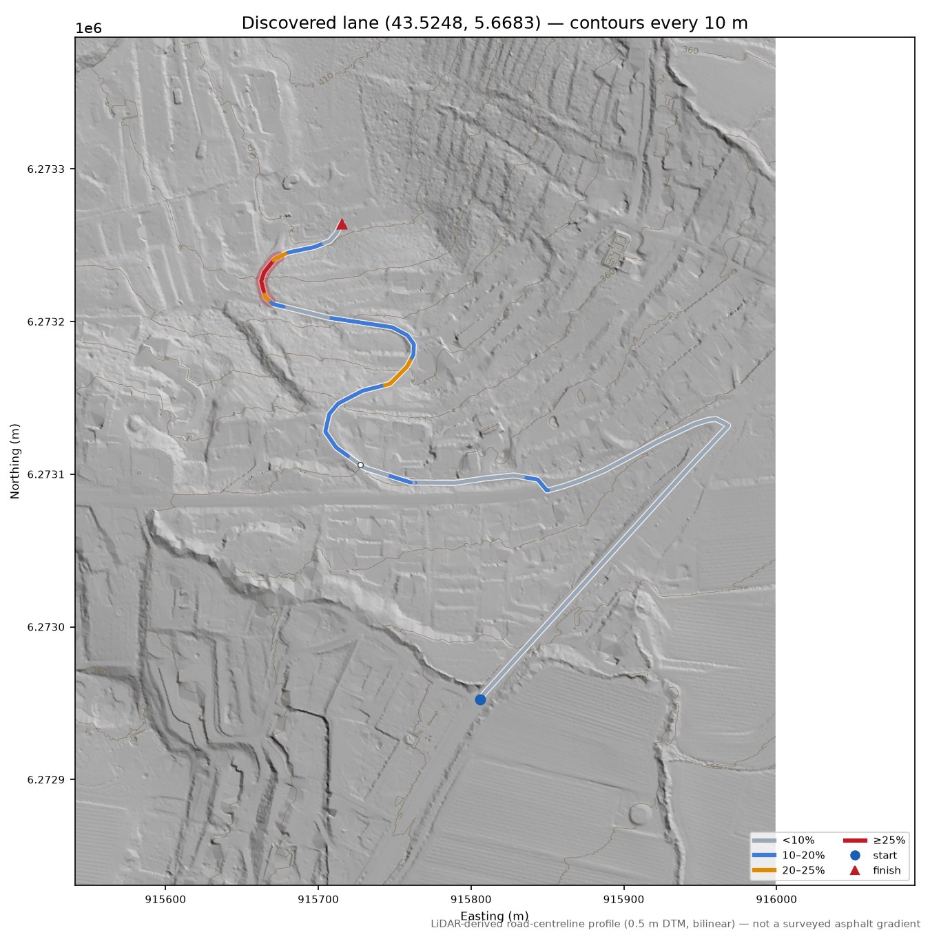 Discovered lane (43.5248, 5.6683) LiDAR hillshade map with contours