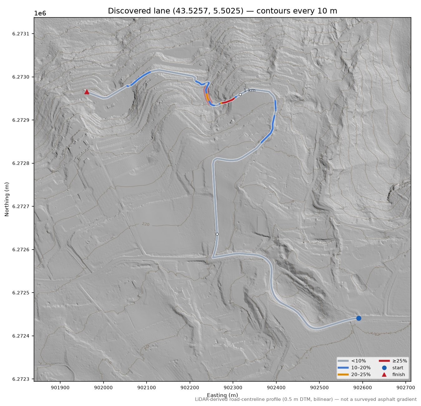 Discovered lane (43.5257, 5.5025) LiDAR hillshade map with contours