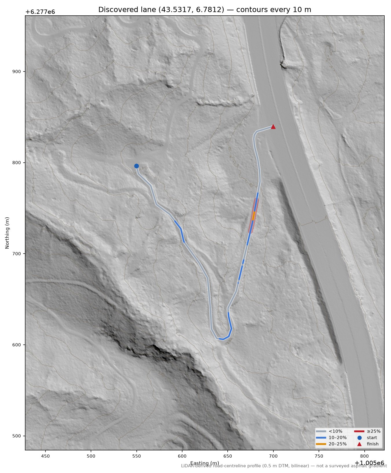 Discovered lane (43.5317, 6.7812) LiDAR hillshade map with contours